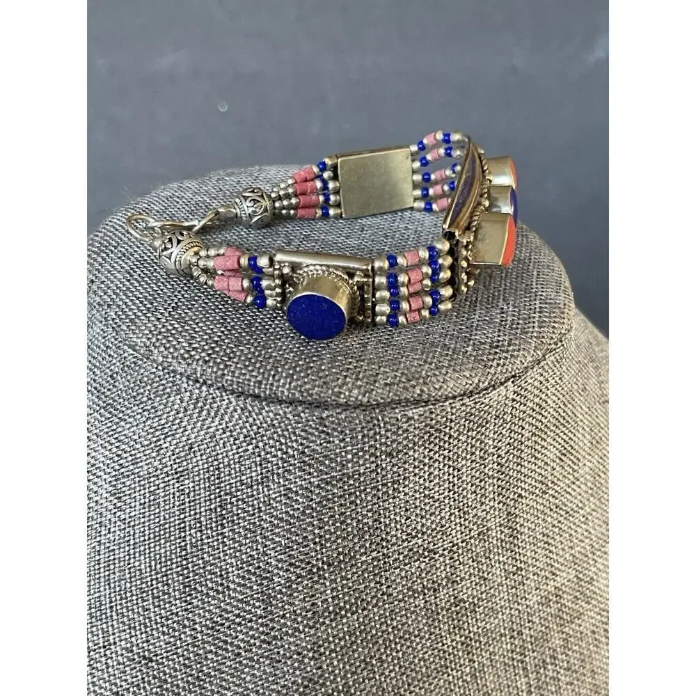 Tibetan Silver Nepal Handcrafted Lapis Coral Bracelet Inlaid Artisan Boho New